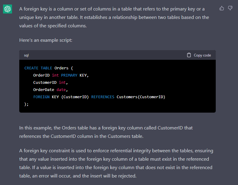 Foreign key details and example from ChatGPT