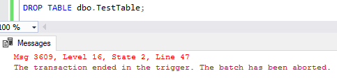 Error shown when trying to drop a table with rollback trigger in place