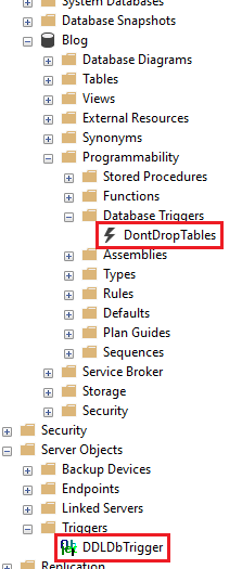 The location of triggers in the Object Explorer hierarchy