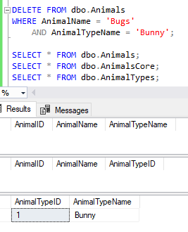Results from a simple deletion against the view