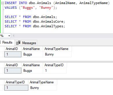 Results from a simple insert and query against the view