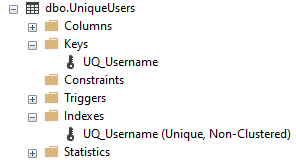 Elements for a Unique Constraint shown in Object Explorer
