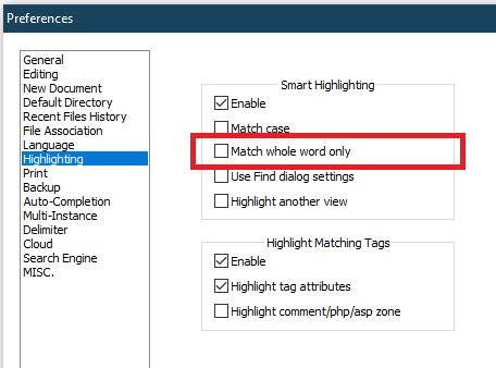 Configuration option to toggle partial word highlighting