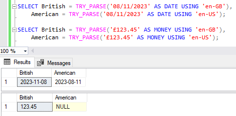 Demonstrating TRY_PARSE behaviour with dates and numbers using different cultures