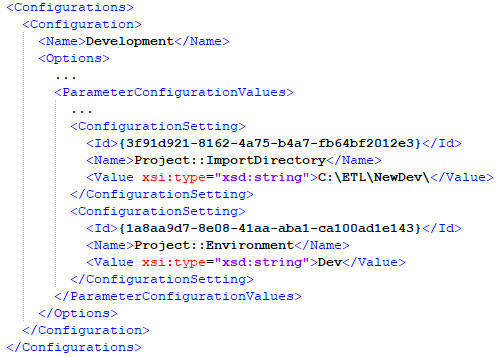 XML project file with configuration details inside