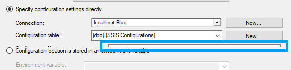 Filter option which is required for a SQL Server configuration but with a hidden text box