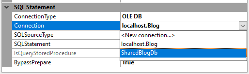 Execute SQL task showing the change required to Connection property for the new project connection