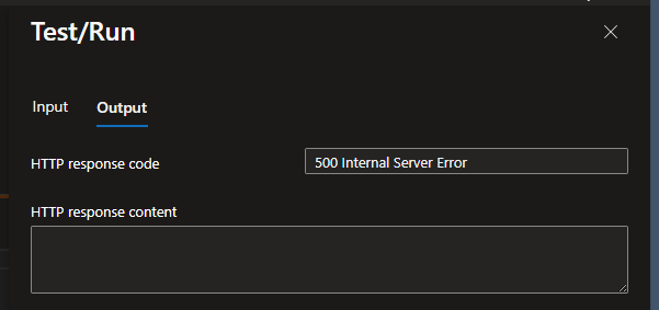 Error returned from the test run in the Azure portal