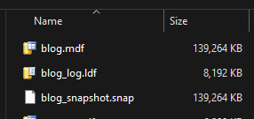 Database files showing the snapshot file the same size as the data file