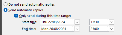 Setup of Automatic Replies with a Start and End time populated