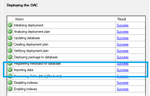 Import of a DACPAC showing the import of data