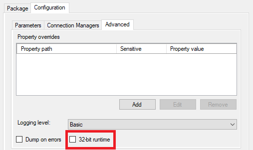 SQL Agent job step configuration with 32-bit runtime option highlighted