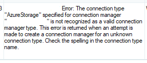 SSIS log showing the AzureStore connection is not recognised