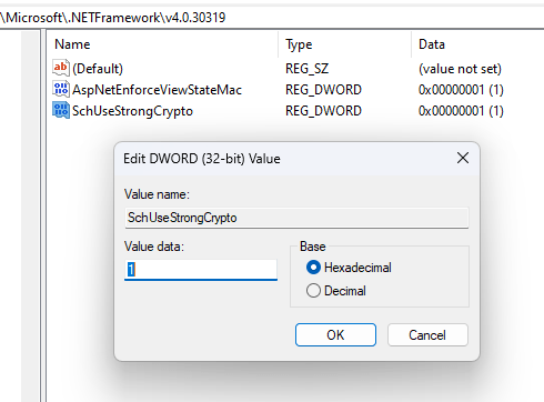 Configuration for the SchUseStrongCrypto key in the registry
