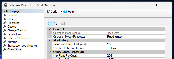 Database properties showing where to enable the Query Store