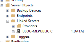 Linked server list showing a connection to a Managed Instance in place