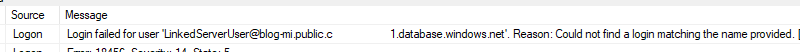 SQL Server logs showing the login failure as no matching login is found