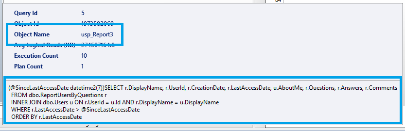 Example of a tooltip report showing the query text plus the object name