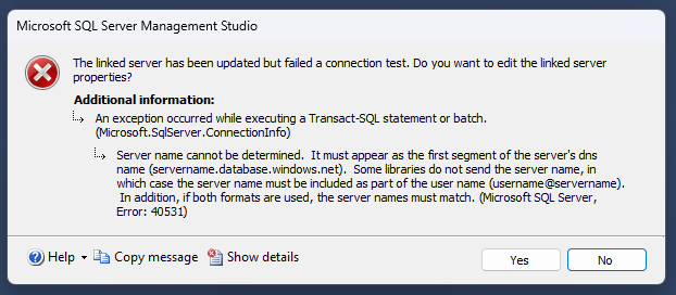 Connection failure when attempting to connect to the Azure SQL Database with regular credentials