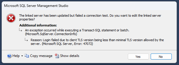 Connection failure as the TLS version does not meet minimum standards