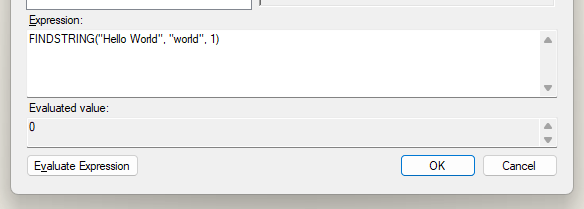 An expression using the FINDSTRING function, highlighting the comparison being case sensitive