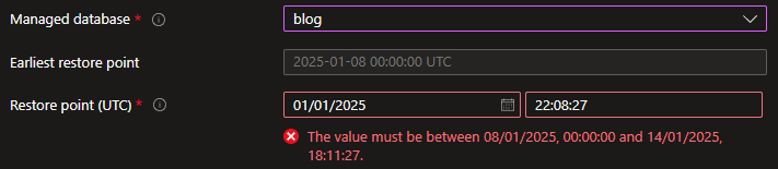 A point in time restore point restriction based on retention period