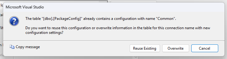Configuration prompt to reuse existing configuration