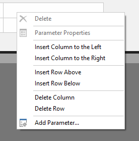 Context menu for the Parameters pane showing additional options