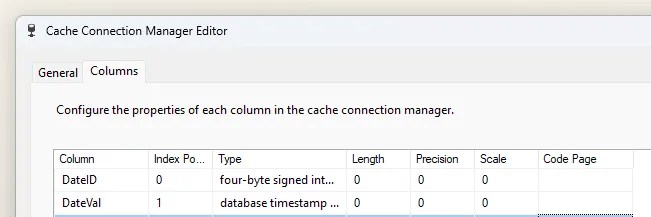 Column configuration for a cache connection