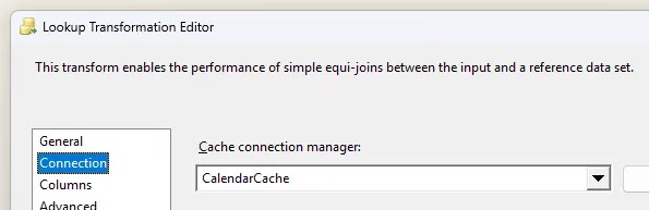 Lookup transformation config showing where the cache is selected under the Connection tab