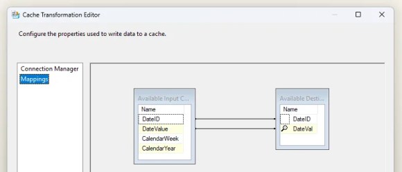 The mapping between source data and the cache schema within the cache transformation editor