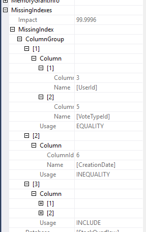 Details of the missing index shown in the properties of the query plan