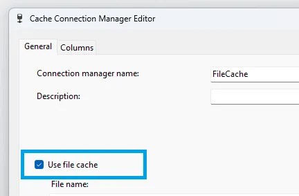 Configuration options for a Cache Connection with the option to use a file cache highlighted