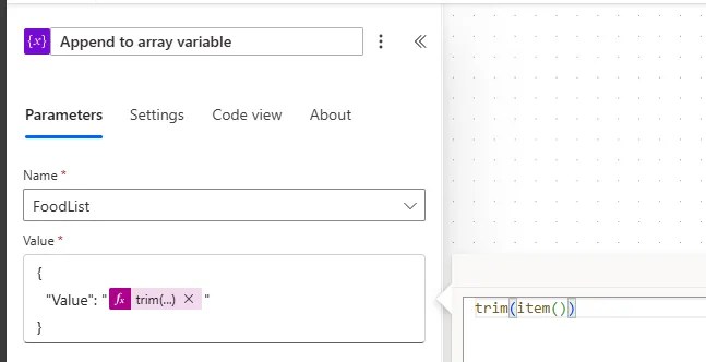 'Append to array variable' configuration showing how to build a SharePoint friendly array