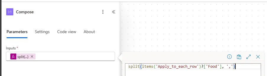 Usage of a 'Compose' action to show how to split a field into an array
