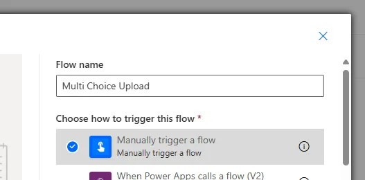 New flow dialog in Power Automate with the manual trigger option selected
