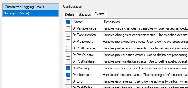 Custom logging configuration with a list of events shown and relevant options selected