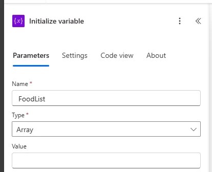 Configuration for an 'Initialize variable' action