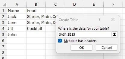 Excel document showing a popup used to create a table within the document