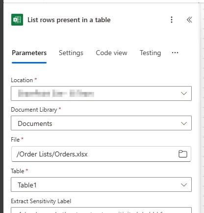 List rows present in a table' action with associated parameters defined