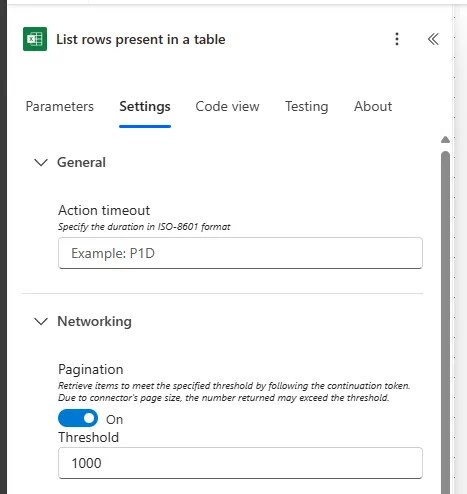 Settings for the List Rows action demonstrating how to remove the limit