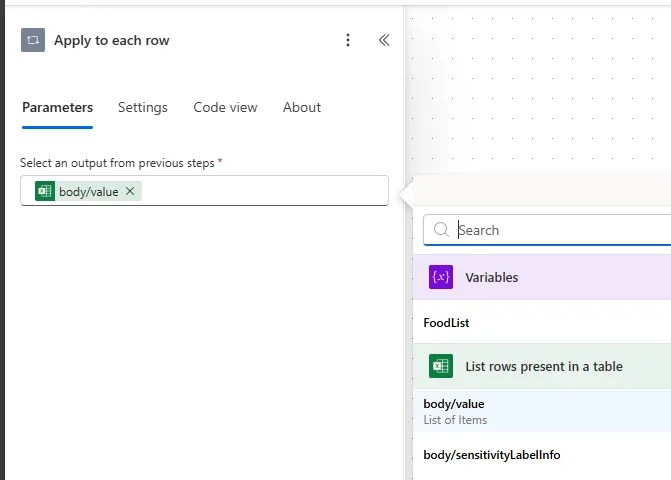 Settings for a loop which will iterate over the output from List Rows action