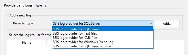 SSIS configuration for adding logging to a package and the choice of providers