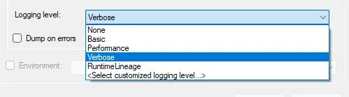 SQL Agent configuration for a SSIS package showing the different levels of logging available