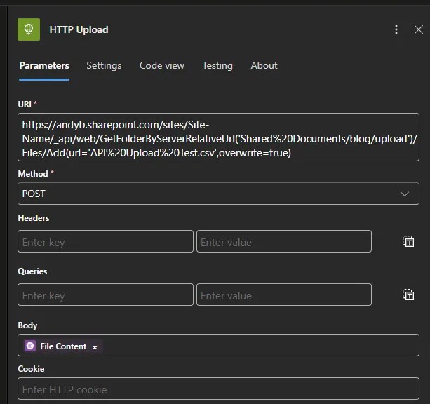 Parameters for a HTTP action where elements are set to call the SharePoint API to create a new file with specific content