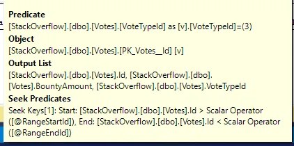 Clustered index seek tooltip showing seek predicates in use for fast searching