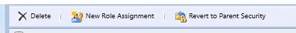 Reporting Services Security dialog when inheritance is broken, showing the option to Revert to Parent Security