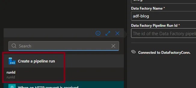 Selecting the runId expression from the pipeline creation action as a value to get the status of a run from the factory