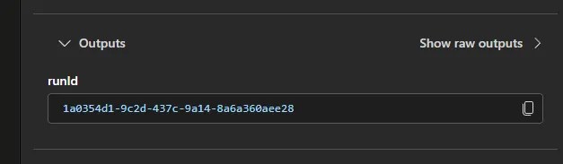Inspecting the output from calling the 'Create a pipeline run' action, which shows a 'runId' value being returned