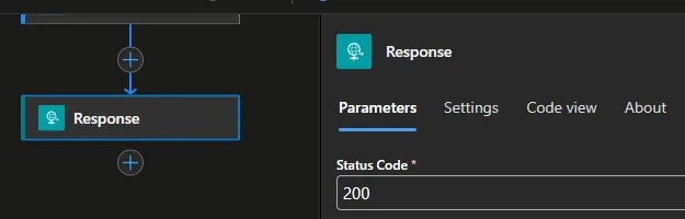 Configuration of a Response action in a Logic App to return status code 200